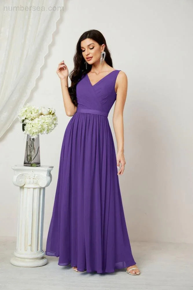 Abito da Sera Donna in Chiffon Lungo per Damigelle, Scollato, Senza Maniche, Linea A, per Feste Serali, Ballo di Fine Anno e Homecoming, Modello 2808