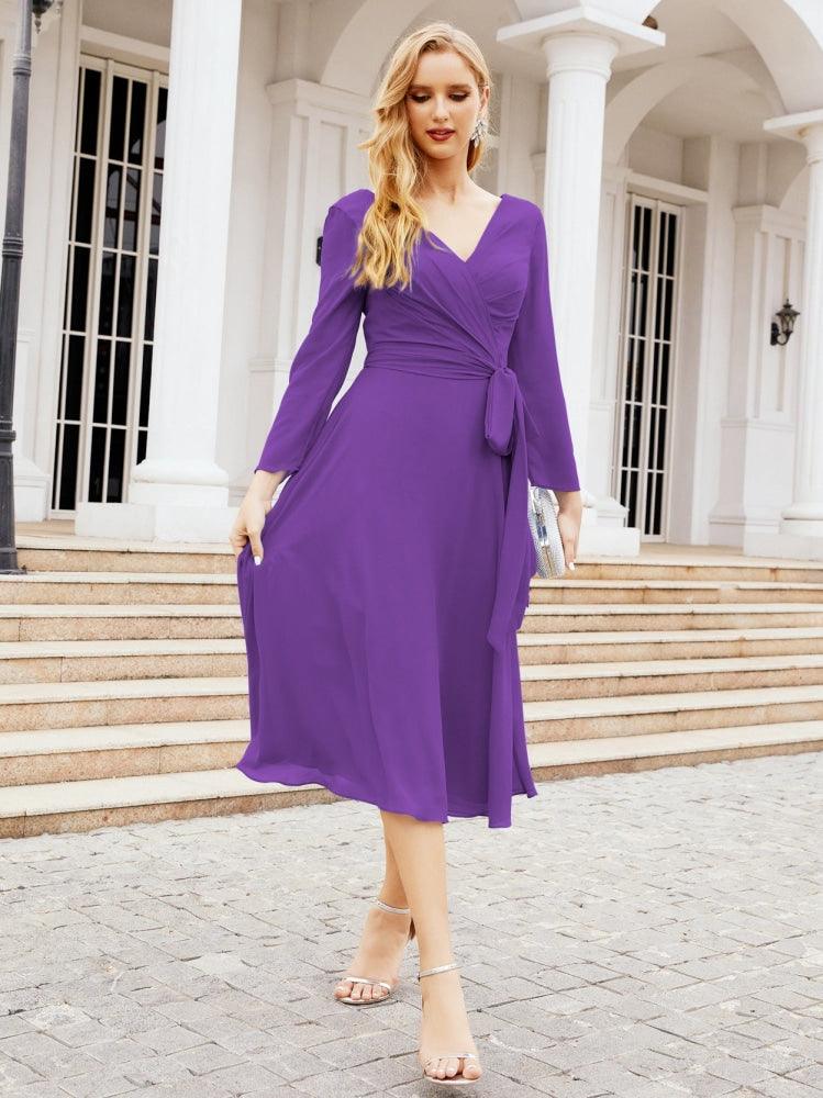 Vestido de madrinha com decote em V e cinto para mãe da noiva e convidada de casamento 28031 