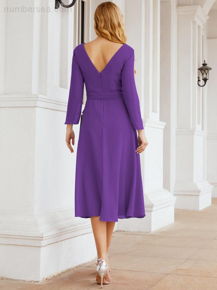 Vestido de madrinha com decote em V e cinto para mãe da noiva e convidada de casamento 28031 