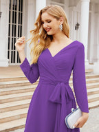 Vestido de madrinha com decote em V e cinto para mãe da noiva e convidada de casamento 28031 