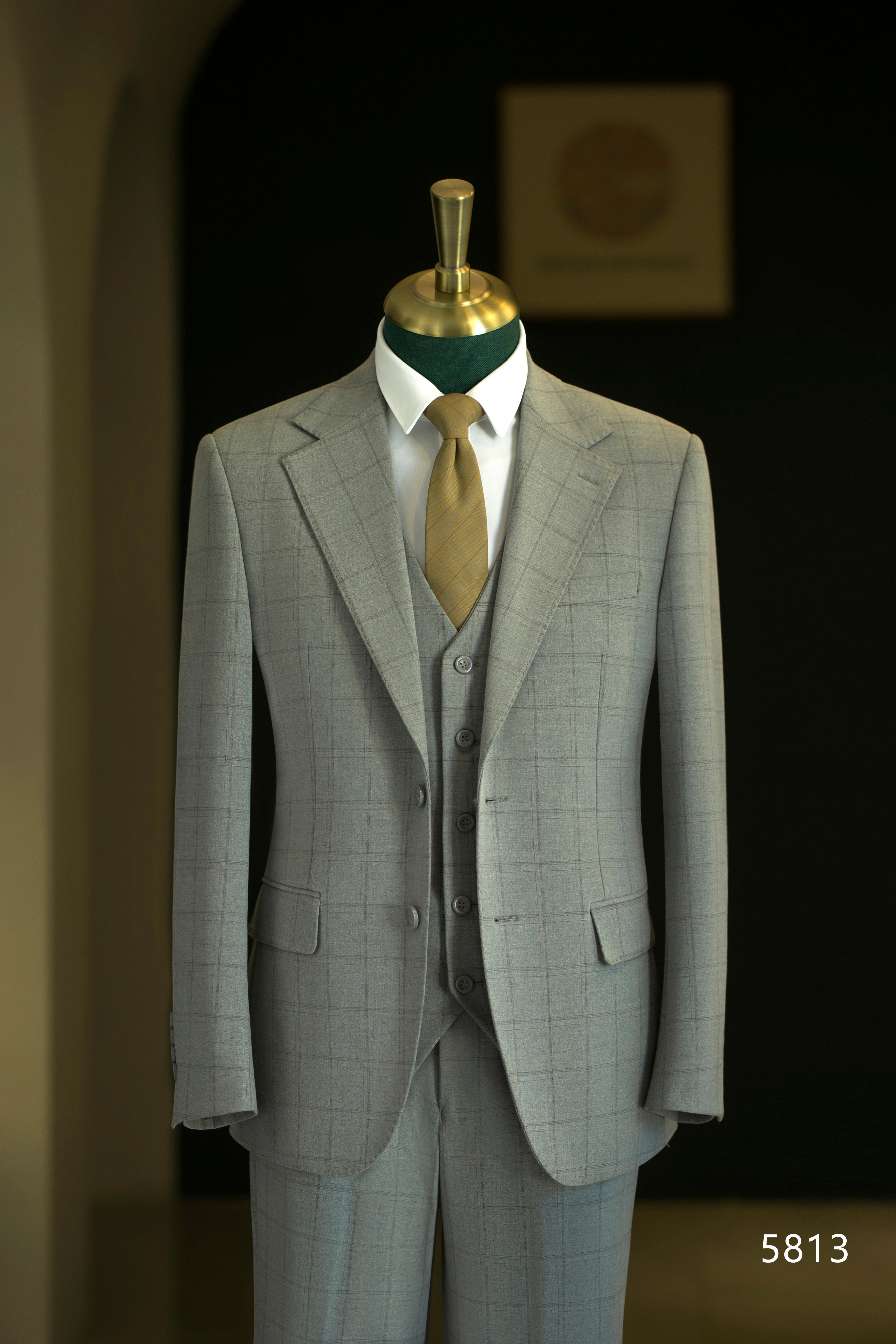 Light Grey Windowpane Check Wool 3-Piece Wedding Suit | Tailored Groom & Groomsmen Attire
