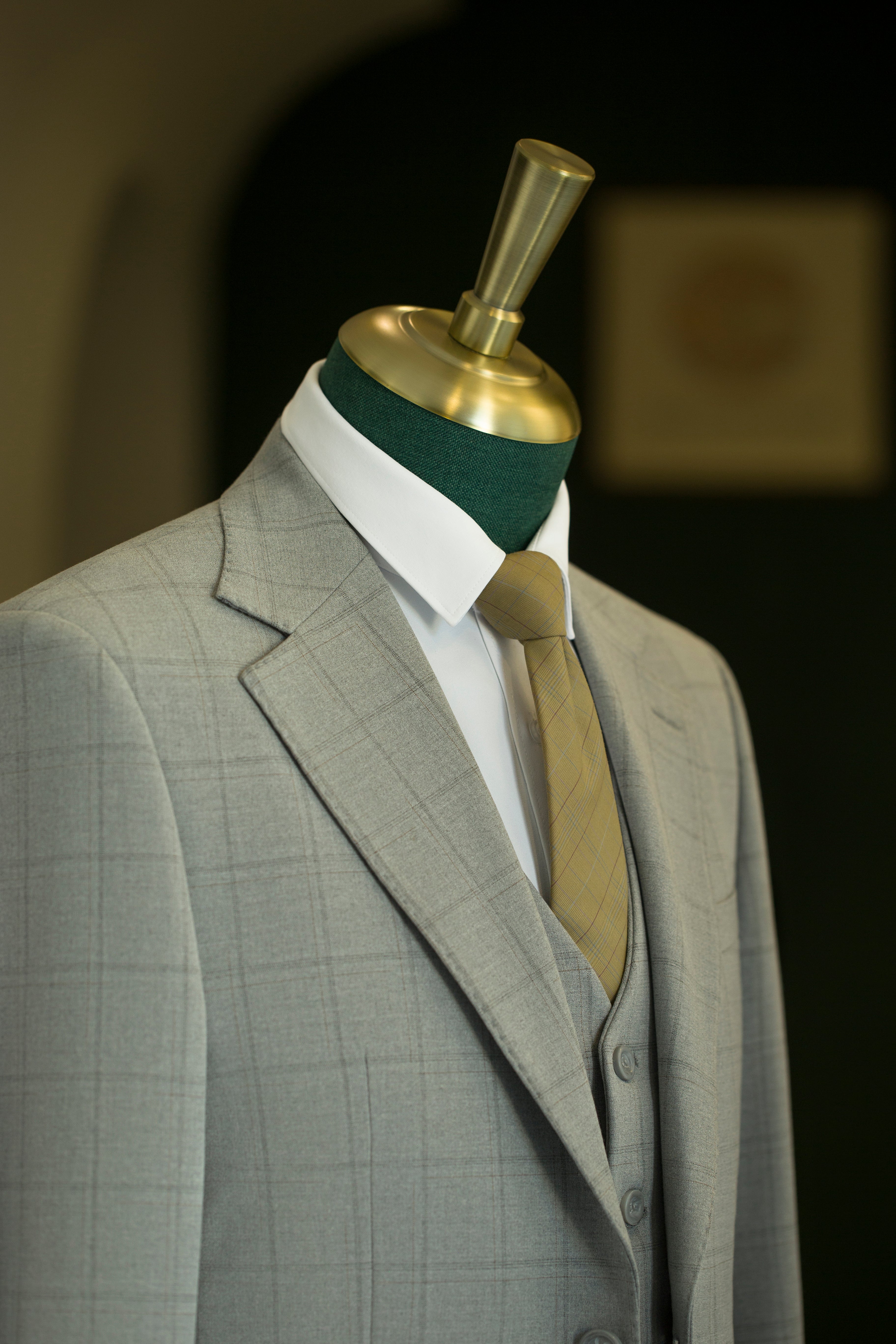 Light Grey Windowpane Check Wool 3-Piece Wedding Suit | Tailored Groom & Groomsmen Attire