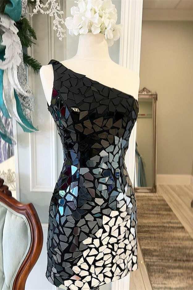 Schwarzes Gradienten-Geschliffenes Glas Spiegel Ein-Schulter Kurzes Kleid