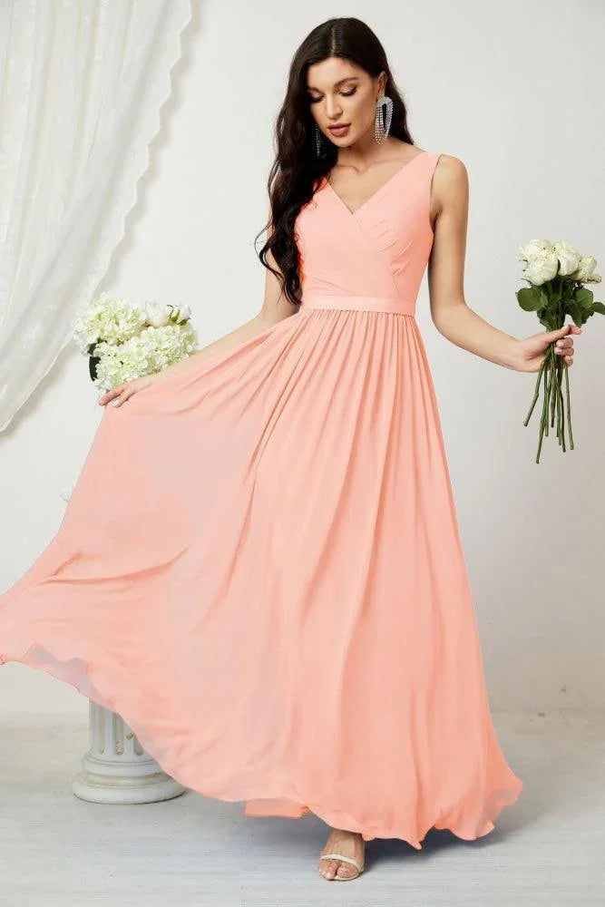 Vestido de dama de honor largo de gasa para mujer, línea A sin mangas, vestido formal de baile de graduación para fiesta nocturna, vestido de regreso a casa 2808