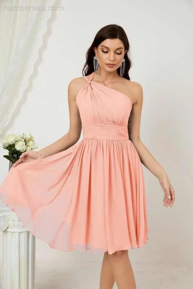 Vestido de dama de honor corto de chiffon de un hombro Numbersea para mujer Vestidos formales para fiesta y regreso a casa 2804