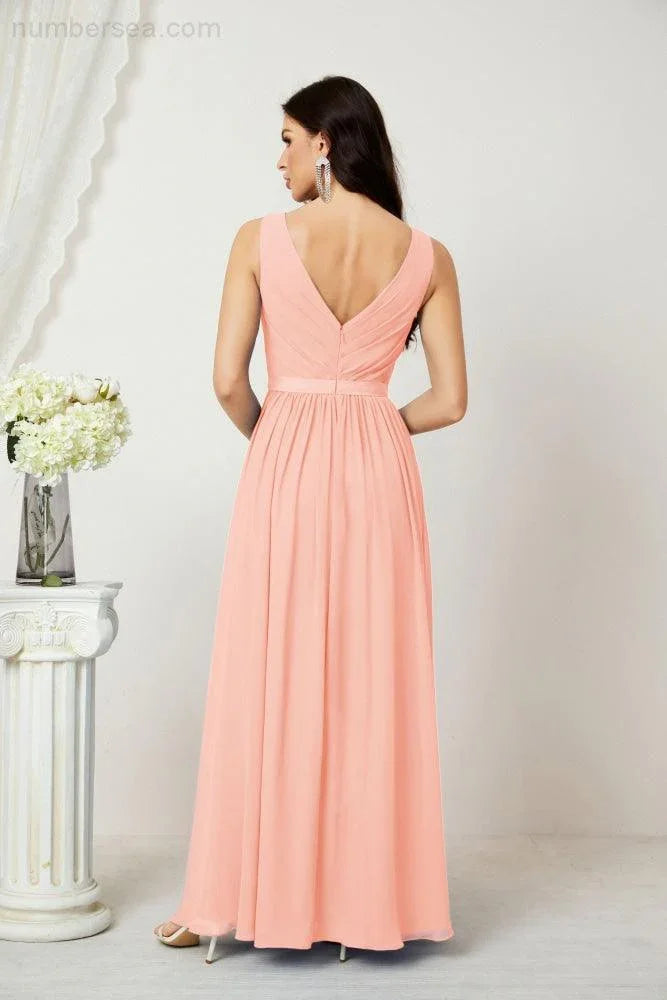 Abito da Sera Donna in Chiffon Lungo per Damigelle, Scollato, Senza Maniche, Linea A, per Feste Serali, Ballo di Fine Anno e Homecoming, Modello 2808