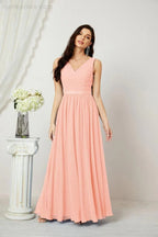 Abito da Sera Donna in Chiffon Lungo per Damigelle, Scollato, Senza Maniche, Linea A, per Feste Serali, Ballo di Fine Anno e Homecoming, Modello 2808