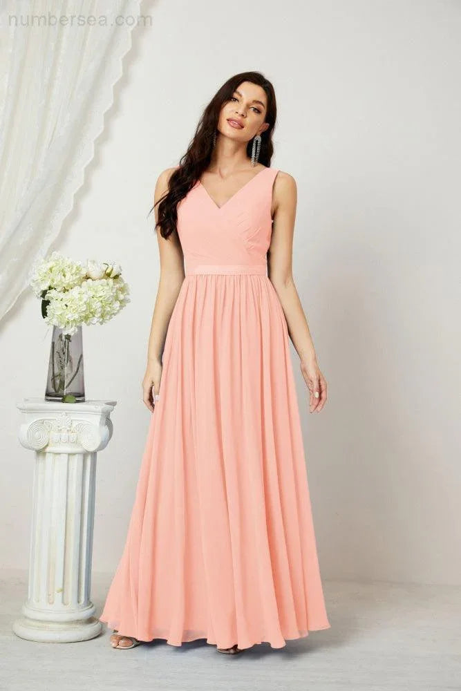 Abito da Sera Donna in Chiffon Lungo per Damigelle, Scollato, Senza Maniche, Linea A, per Feste Serali, Ballo di Fine Anno e Homecoming, Modello 2808