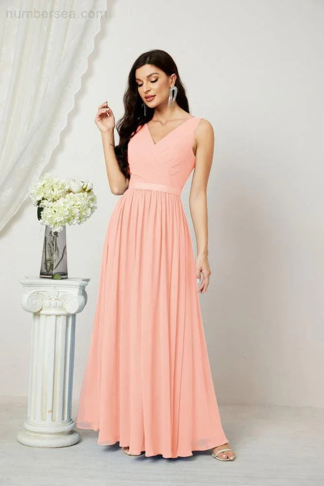 Abito da Sera Donna in Chiffon Lungo per Damigelle, Scollato, Senza Maniche, Linea A, per Feste Serali, Ballo di Fine Anno e Homecoming, Modello 2808
