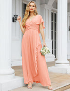Numbersea Chiffon Bridesmaid Dresses Long Formal Evening Prom Mother of The Bride Dress with Flutter Sleeve     SEA28040