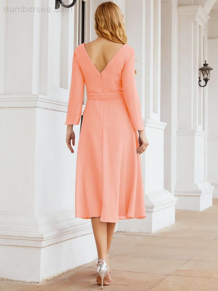 Vestido de madrinha com decote em V e cinto para mãe da noiva e convidada de casamento 28031 