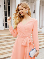 Vestido de madrinha com decote em V e cinto para mãe da noiva e convidada de casamento 28031 