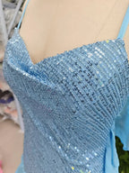 Hermoso Vestido de Cóctel y de Regreso a Casa con Tiras Azules, Lentejuelas, Chifón y Volantes Modelo Y8253