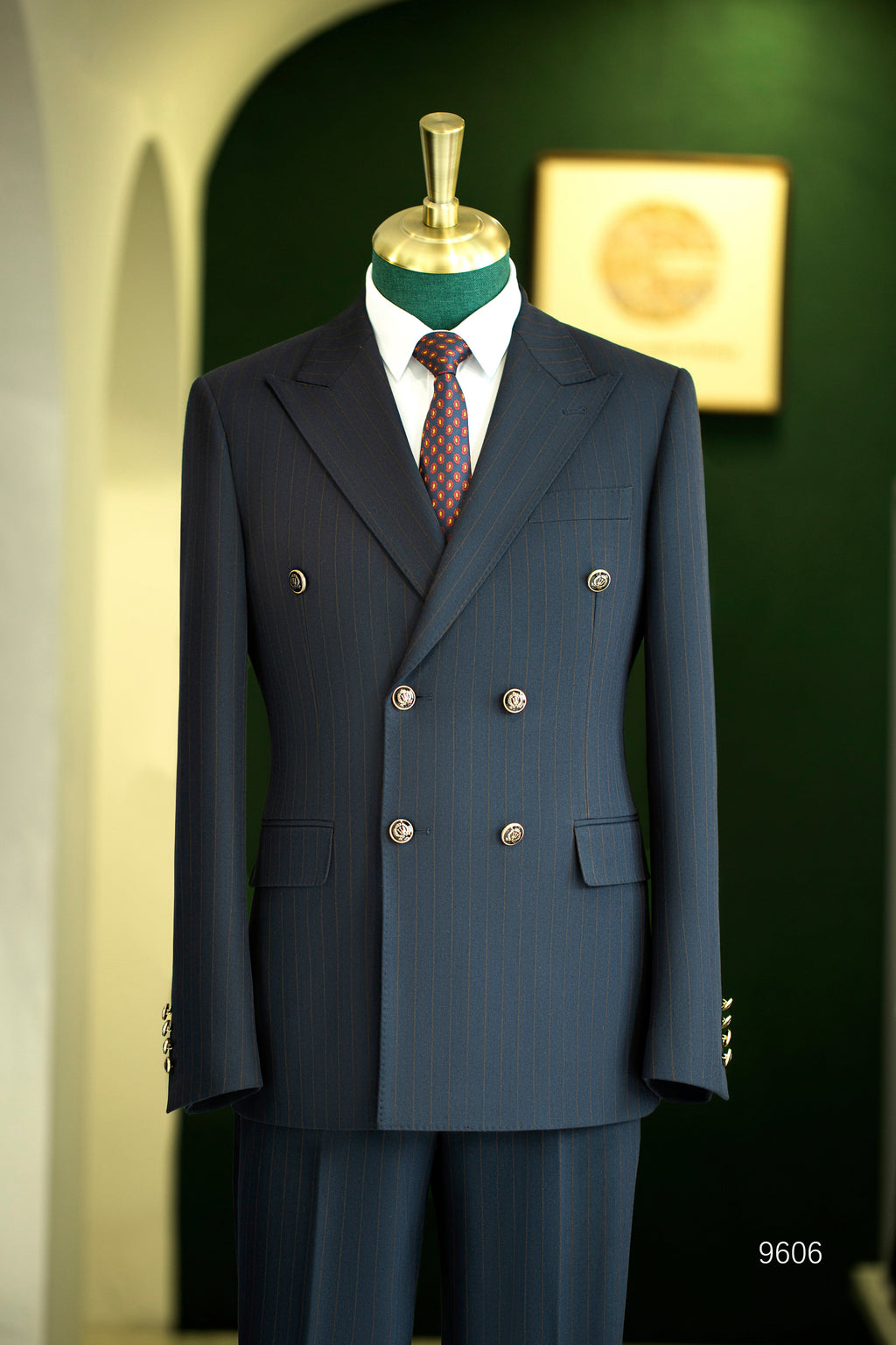 Double-Breasted Navy Pinstripe Wool Suit | Tailored Formal Groom & Business Suit