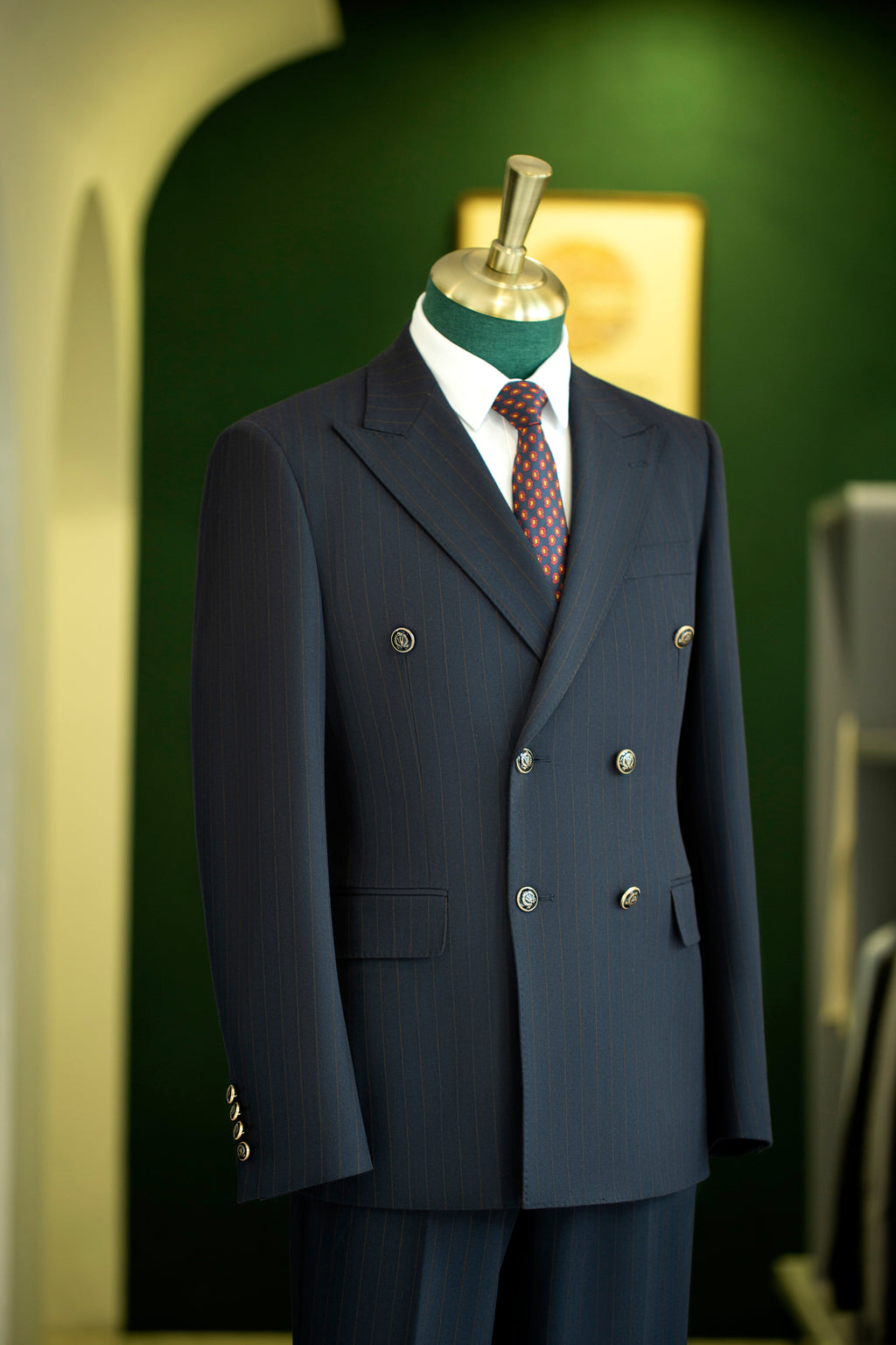 Double-Breasted Navy Pinstripe Wool Suit | Tailored Formal Groom & Business Suit