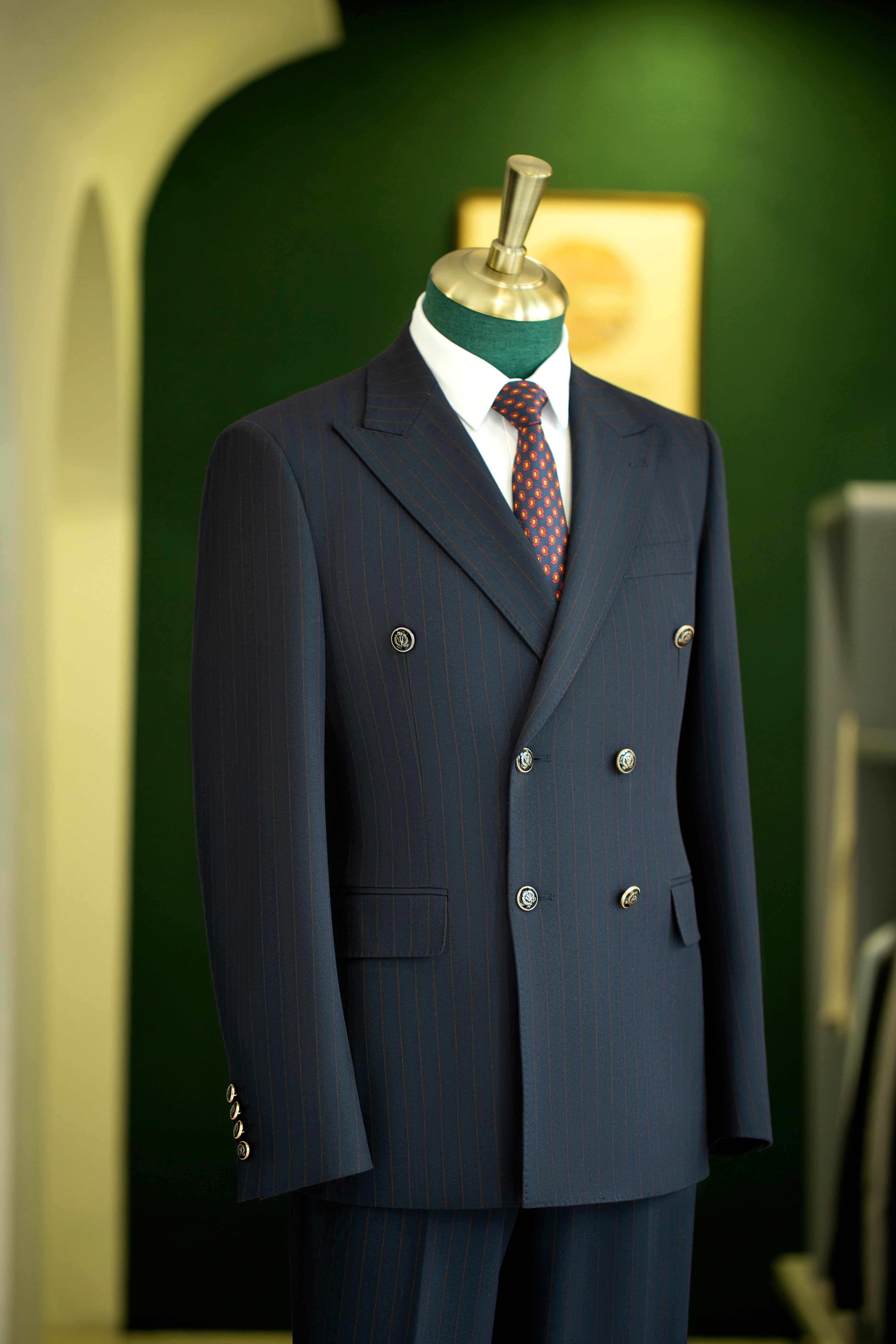Double-Breasted Navy Pinstripe Wool Suit | Tailored Formal Groom & Business Suit