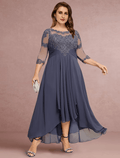 Etuikleid/Säulenkleid für die Brautmutter, Hochzeitsgast, elegant, Rundhalsausschnitt, asymmetrisch, Chiffon, Spitze, 3/4-Ärmel mit Falten, einfarbig