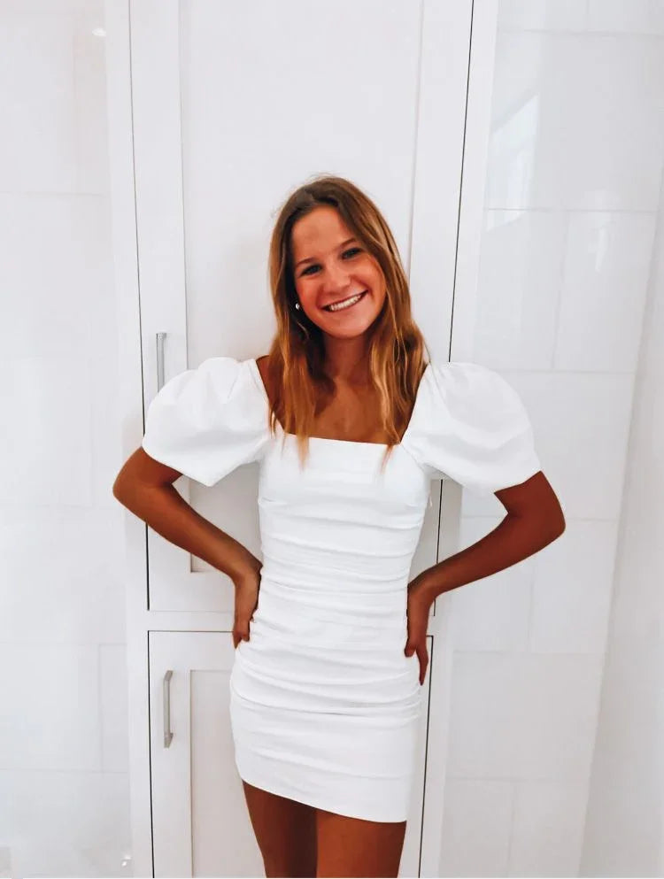 Vestido Blanco de Regreso a Casa con Mangas Abullonadas Vestido Blanco de Fiesta Y2276