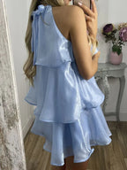 Einfaches blaues Organza-Trägerkleid mit mehrlagigem Minirock für den Abschlussball oder Homecoming Y8089