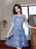 Blaues Kurzschicht-Tüll-Abendkleid Blaues Trägerloses Homecoming-Kleid Partykleid Y1975