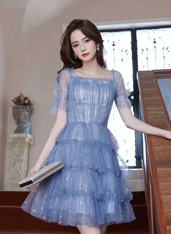 Vestido Formal Azul de Tul con Capas Cortas Vestido de Fiesta Azul Sin Mangas para el Baile de Regreso a Casa Y1975