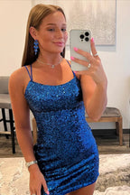 Vestido de Baile de Finalistas Mini em Bodycon com Sequins Azul Real Y2825
