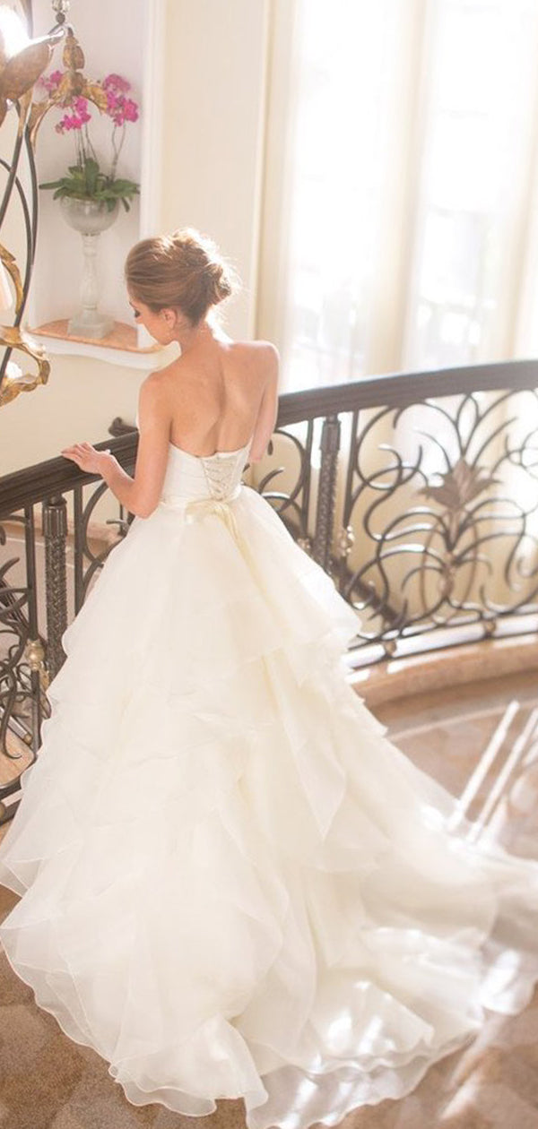 Abito da sposa senza spalline, scollo a cuore, volant in chiffon, semplice, vintage, schienale allacciato, WD0197