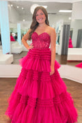 Adelyn | Robe de bal en tulle fuchsia à décolleté cœur, à plusieurs niveaux et coupe évasée