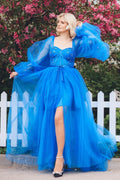 Adelynn | Vestido de festa em tule e cetim com mangas compridas e racha