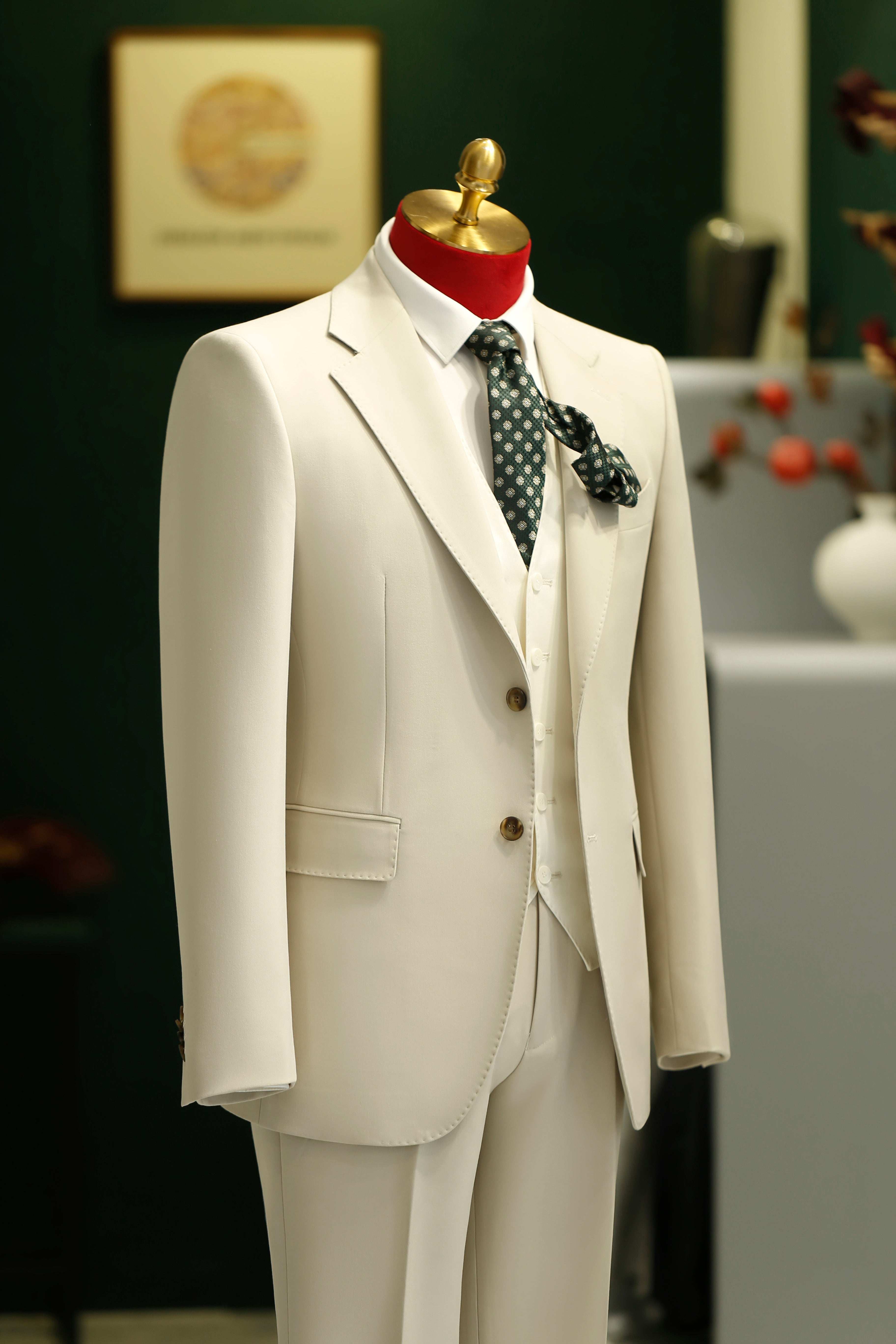 Three-Piece Cream Wool Suit | Tailored Formal Groom & Summer Wedding Suit