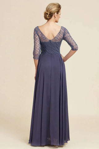 Kleid für die Brautmutter mit glitzernden Perlen in Grau und Blau