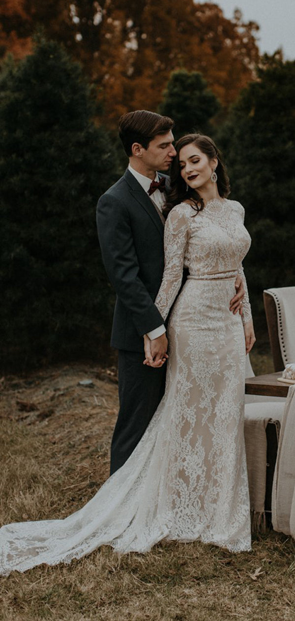 Meerjungfrau Rundhalsausschnitt Lange Ärmel Spitze Lange Brautkleider.DB10043