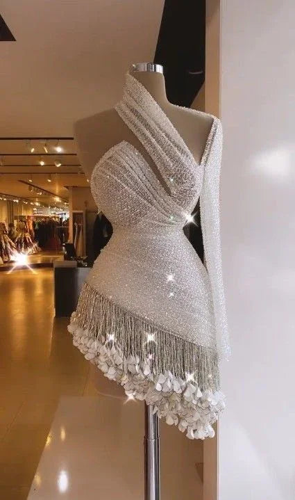 White Cocktail One Shoulder Fringed Cocktail Dresses Above Knee Mini Homecoming Dress Y874