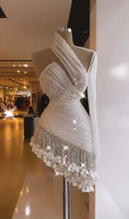 White Cocktail One Shoulder Fringed Cocktail Dresses Above Knee Mini Homecoming Dress Y874