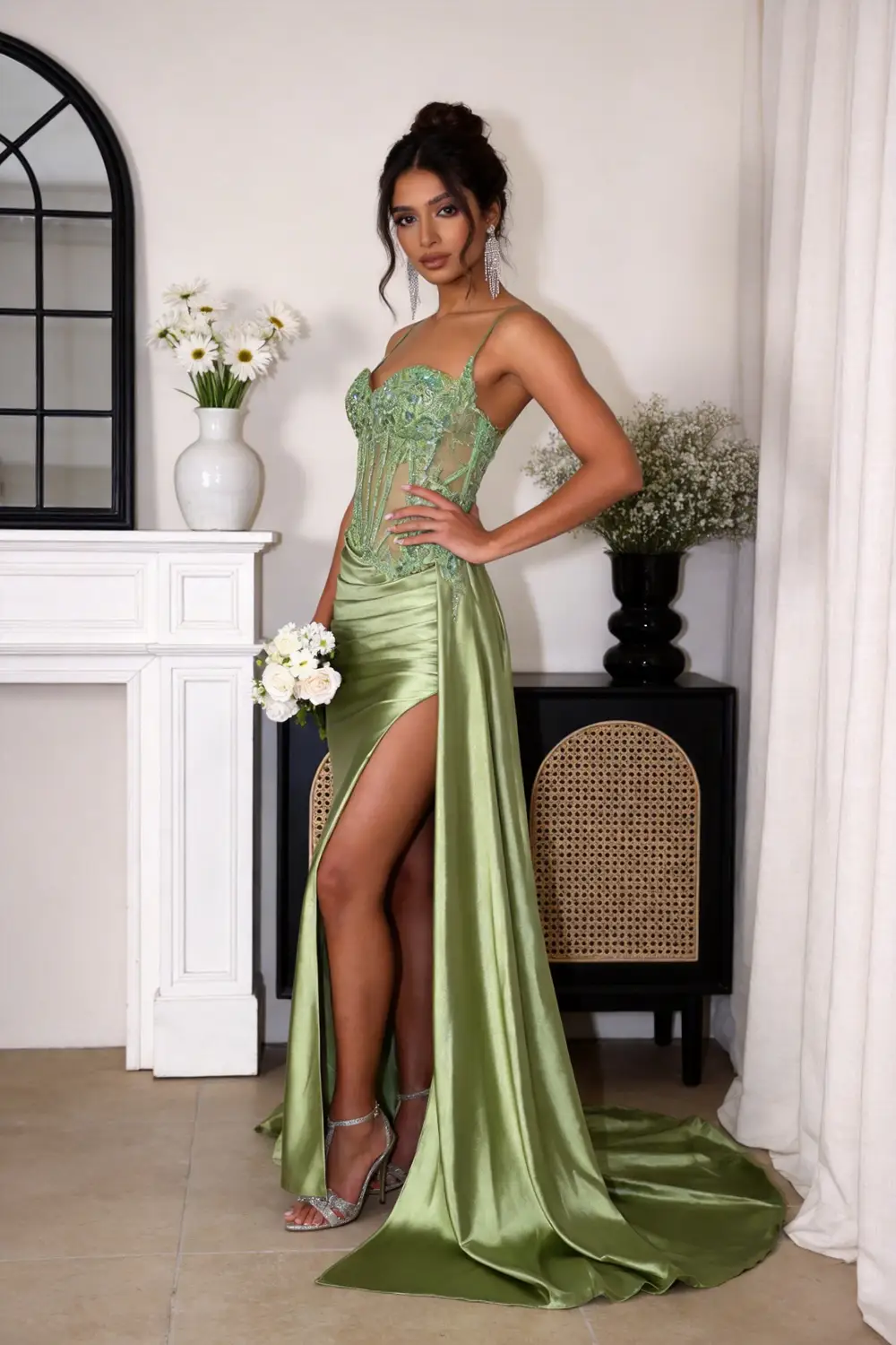 Olive Green Sequin Corset Mermaid Prom Dress, Satin High Slit Formal Gown by tangjianjun