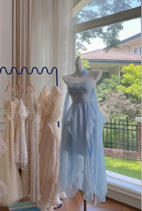Einfaches Homecoming-/Partykleid aus Chiffon mit blauen Trägerbändchen Y8581