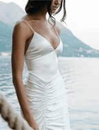 Hall Casual Wedding Dresses Court Train Mermaid / Trumpet Sleeveless Spaghetti Strap Jewel Neck Satin With Ruched Split Front