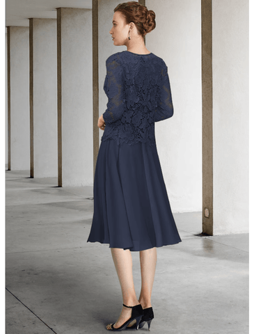 Zweiteiliges A-Linien-Kleid für die Brautmutter, eleganter Rundhalsausschnitt, knielang, Chiffon, Spitze, 3/4-Ärmel mit Schleifenapplikationen