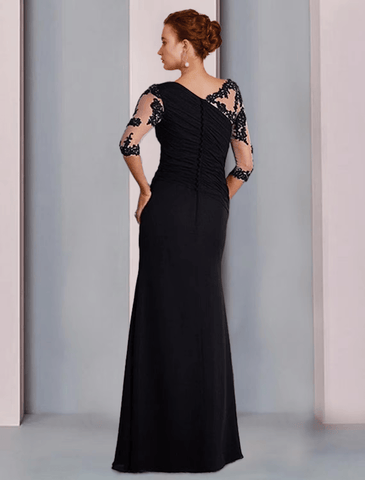 Etuikleid/Säulenkleid für die Brautmutter, formell, elegant, Rundhalsausschnitt, bodenlang, Chiffon, Spitze, 3/4-Ärmel mit Perlenapplikationen