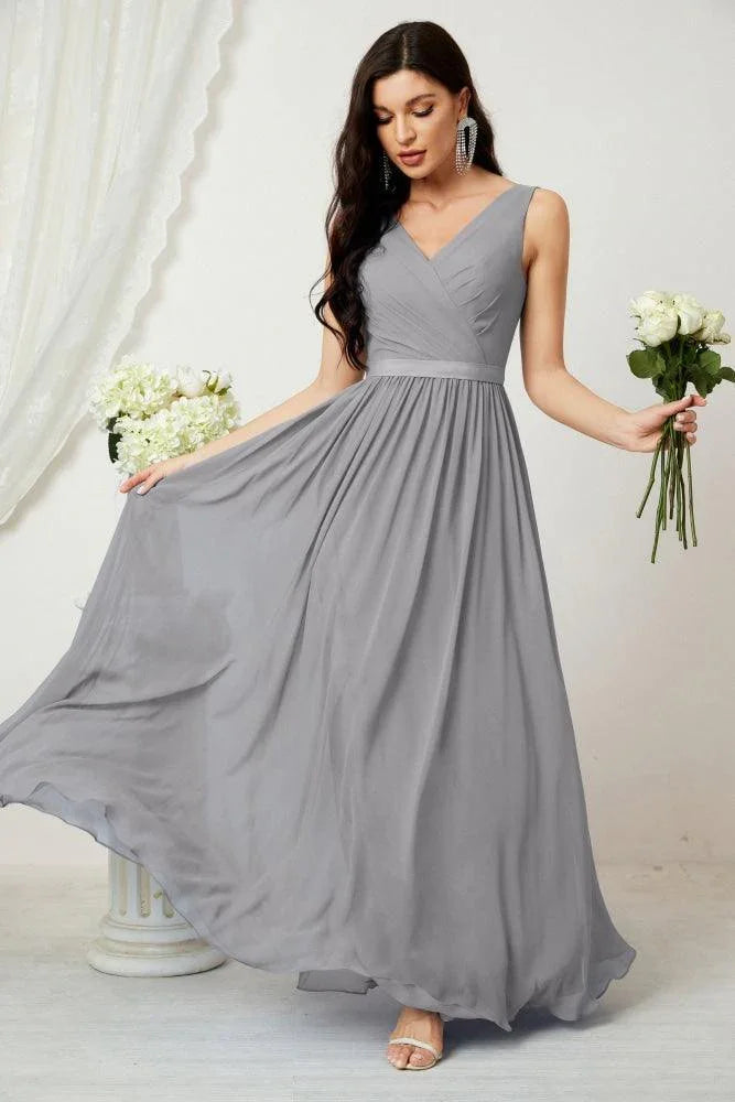 Vestido de dama de honor largo de gasa para mujer, línea A sin mangas, vestido formal de baile de graduación para fiesta nocturna, vestido de regreso a casa 2808