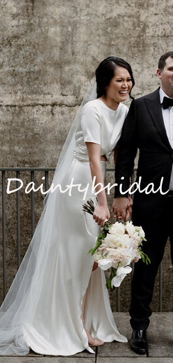 Robe de mariée longue fendue à manches courtes et col rond simple - Robe de soirée.DB10713