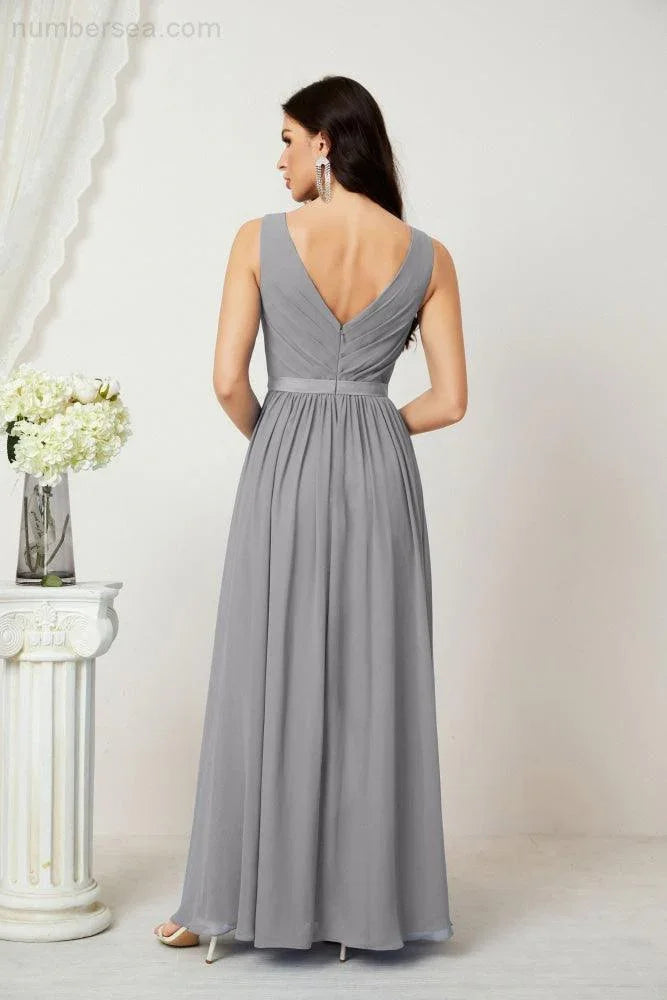 Abito da Sera Donna in Chiffon Lungo per Damigelle, Scollato, Senza Maniche, Linea A, per Feste Serali, Ballo di Fine Anno e Homecoming, Modello 2808