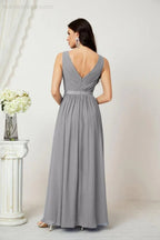 Abito da Sera Donna in Chiffon Lungo per Damigelle, Scollato, Senza Maniche, Linea A, per Feste Serali, Ballo di Fine Anno e Homecoming, Modello 2808