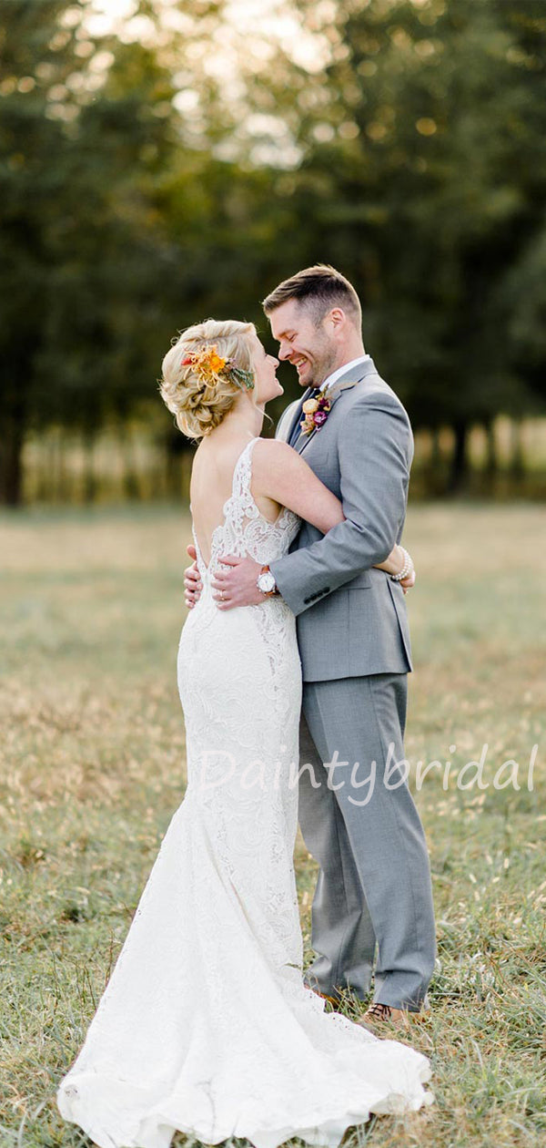 Neue Ankunft V-Ausschnitt Spitze V-Rücken Ärmellos Lange Brautkleider.DB10473