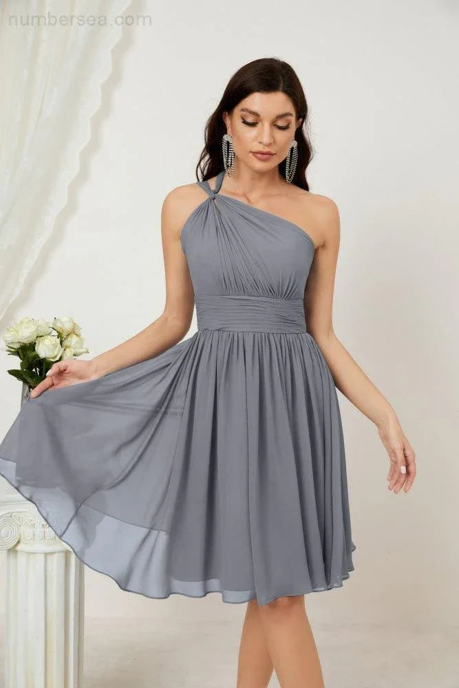 Vestido de dama de honor corto de chiffon de un hombro Numbersea para mujer Vestidos formales para fiesta y regreso a casa 2804