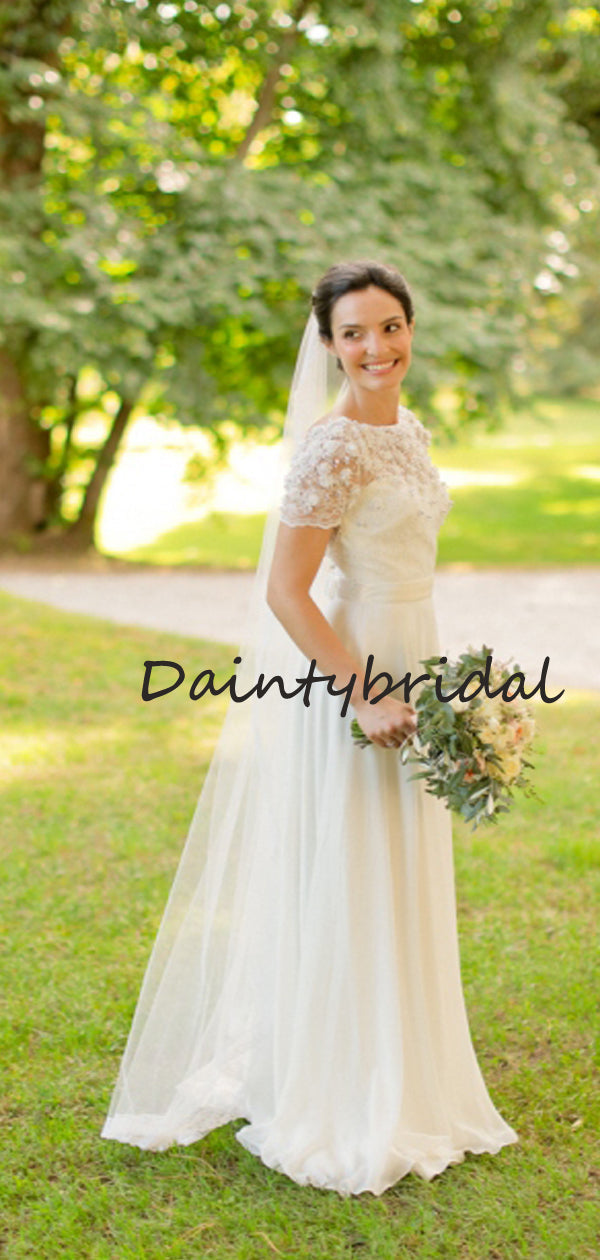 Simple Fashion Lace Chiffon A-line Evening Party Long Wedding Dresses, DB10693