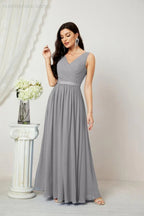 Abito da Sera Donna in Chiffon Lungo per Damigelle, Scollato, Senza Maniche, Linea A, per Feste Serali, Ballo di Fine Anno e Homecoming, Modello 2808