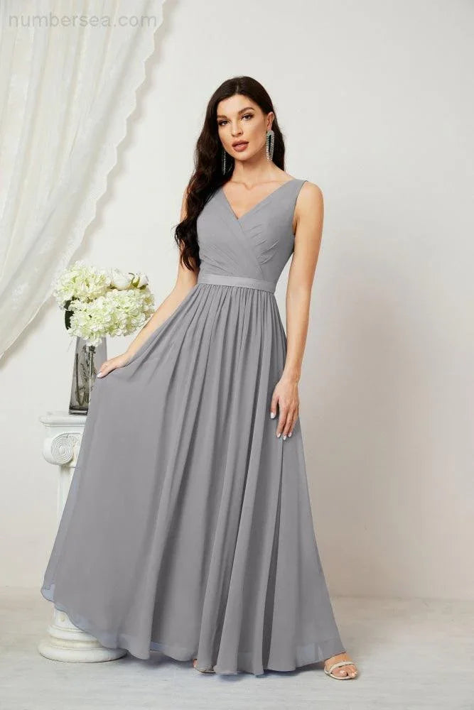 Abito da Sera Donna in Chiffon Lungo per Damigelle, Scollato, Senza Maniche, Linea A, per Feste Serali, Ballo di Fine Anno e Homecoming, Modello 2808