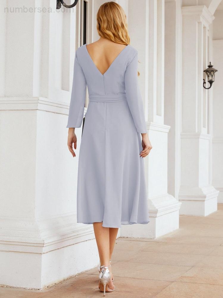 Vestido de madrinha com decote em V e cinto para mãe da noiva e convidada de casamento 28031 