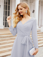 Vestido de madrinha com decote em V e cinto para mãe da noiva e convidada de casamento 28031 